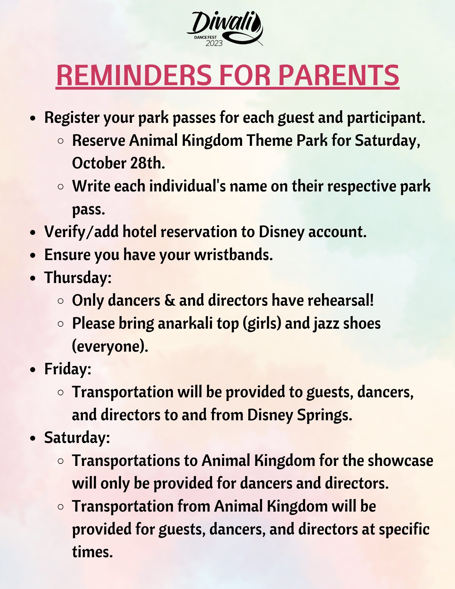 Reminders for Diwali Dance Fest 2023 attendees